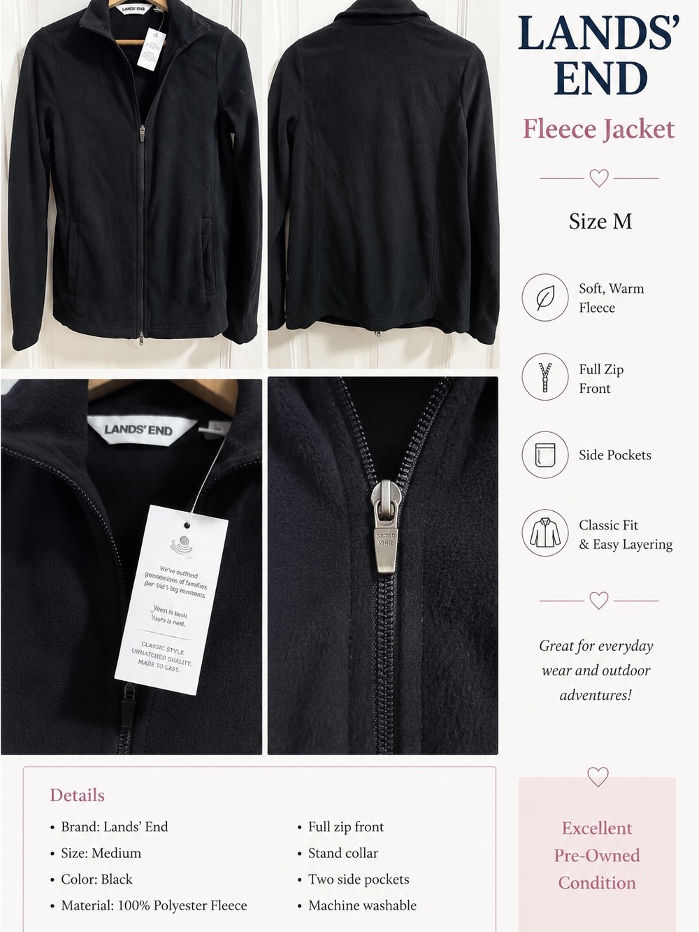 Lands' End Black Fleece Teddy Jacket - Full Zip